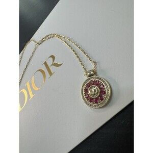 Christian Dior Stamped CD Authentic Magenta Crystals Medallion Necklace Chai